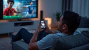 Ein Mensch auf dem Sofa, der auf dem TV einen Film/ ein Sportevent sieht und parallel auf dem Smartphone Statistiken oder zusätzliche Infos checkt.