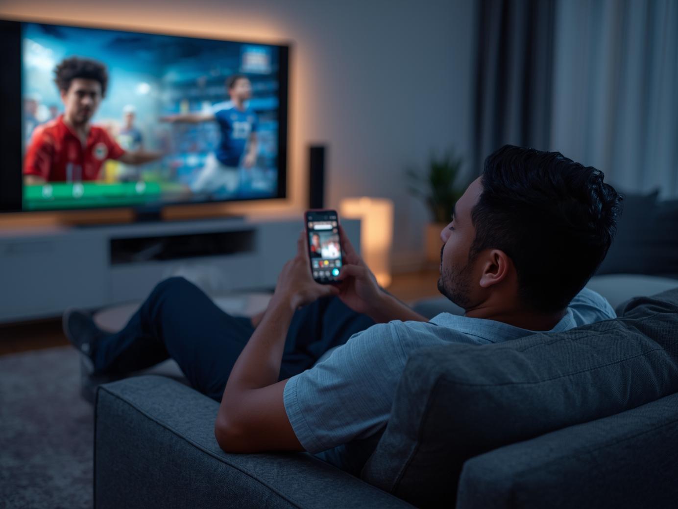 Ein Mensch auf dem Sofa, der auf dem TV einen Film/ ein Sportevent sieht und parallel auf dem Smartphone Statistiken oder zusätzliche Infos checkt.